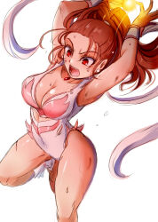  1girl angel_leotard barbara_(dq6) breasts brown_hair cleavage dragon_quest dragon_quest_vi high_ponytail highleg highleg_leotard highres leotard long_hair medium_breasts open_mouth ponytail red_eyes simple_background solo suga_leon white_background white_leotard white_wristband 