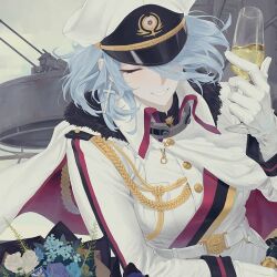  1girl azur_lane bouquet cross cup earrings flower gloves grey_hair hair_over_one_eye hat holding holding_cup jewelry ladic medal military military_hat military_uniform one_eye_closed smile solo tirpitz_(azur_lane) turret uniform white_gloves 