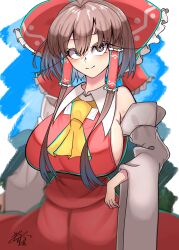  1girl absurdres ascot blue_background blurry blush bow breasts brown_eyes brown_hair closed_mouth cowboy_shot depth_of_field detached_sleeves frilled_bow frilled_hair_tubes frills hair_between_eyes hair_bow hair_tubes hakurei_reimu highres huge_breasts kaitojaja19980520 large_breasts long_sleeves red_bow red_skirt red_vest short_hair_with_long_locks sideboob signature simple_background skirt skirt_set smile solo touhou vest white_background wide_sleeves wing_collar yellow_ascot  rating:Sensitive score:4 user:yyf