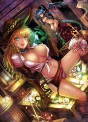  +_+ 2girls :d blonde_hair blue_eyes blue_hair blush boots breasts claws cleavage curvy dragon_girl elbow_gloves floating front-tie_top gem glint gloves gold green_eyes hat horns jewelry kara_(color) large_breasts lingerie microskirt miniskirt monster monster_girl multiple_girls navel no_bra open_clothes open_mouth open_shirt original panties pointy_ears revealing_clothes shirt sitting skirt smile tail tied_shirt treasure underwear whip wings  rating:Sensitive score:96 user:danbooru