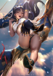  1girl anklet armlet artist_name asymmetrical_legwear asymmetrical_sleeves bad_leg bare_shoulders black_hair blue_sky blush breasts bridal_gauntlets cloud crown detached_collar earrings elbow_gloves fate/grand_order fate_(series) full_body gloves gold_trim hair_ribbon heavenly_boat_maanna high_heels holding holding_weapon hoop_earrings ishtar_(fate) jewelry jumping long_hair long_legs looking_at_viewer medium_breasts navel open_mouth outdoors parted_bangs pelvic_curtain red_eyes ribbon single_elbow_glove single_thighhigh sky smile solo thighhighs two_side_up uneven_legwear uneven_sleeves weapon zumi_(zumidraws)  rating:Sensitive score:76 user:danbooru