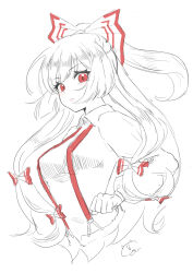  0002koko 1girl absurdres bow clenched_hand cropped_torso expressionless eyelashes fujiwara_no_mokou greyscale hair_bow highres long_hair looking_at_viewer monochrome red_eyes ribbon shirt signature simple_background sketch solo spot_color suspenders touhou very_long_hair white_background wing_collar 