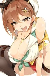  1girl atelier_(series) atelier_ryza atelier_ryza_2 braid breasts brown_eyes brown_hair cleavage earrings hair_ornament hairclip highres jewelry large_breasts looking_at_viewer naughty_face necklace oda_koziki open_mouth red_shorts reisalin_stout short_hair short_shorts shorts simple_background single_thighhigh smile solo spread_legs squatting thighhighs white_background white_headwear  rating:Questionable score:43 user:internetlovemachine