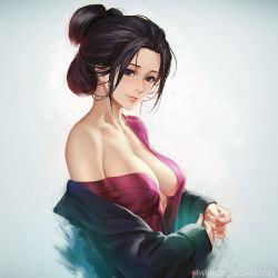 1girl artist_name black_hair blush breasts brown_eyes cleavage emma_the_gentle_blade forehead from_side gradient_background grey_background hair_bun long_hair long_sleeves looking_at_viewer looking_to_the_side medium_breasts nail_polish neoartcore off_shoulder own_hands_together parted_lips patreon_logo pink_nails sekiro:_shadows_die_twice single_bare_shoulder single_hair_bun smile solo upper_body rating:Questionable score:79 user:danbooru