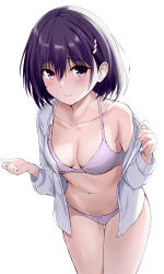  1girl ayakashi_triangle blush bow bow_panties bra breasts cleavage closed_mouth clothes_grab collarbone cowboy_shot furrowed_brow hair_behind_ear hair_between_eyes hair_ornament hands_up kanade_suzu kurony_(sirony) leaning_forward long_sleeves looking_at_viewer medium_breasts medium_hair navel off_shoulder open_clothes open_shirt panties pink_bra pink_eyes pink_panties pulling_own_clothes purple_hair shirt simple_background single_bare_shoulder smile solo standing thigh_gap underwear white_background white_shirt 