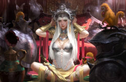 1girl armor breastplate breasts cleavage eyeshadow fantasy gorget headgear indian_style jewelry kilart long_hair makeup medium_breasts monkey necklace original pauldrons realistic red_eyes resolution_mismatch shoulder_armor silver_hair sitting solo source_larger sword vambraces weapon rating:Sensitive score:14 user:danbooru
