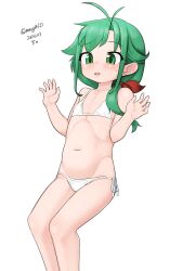  1girl absurdres aged_down antenna_hair bikini dated feet_out_of_frame flat_chest green_eyes green_hair hair_over_shoulder highres kantai_collection long_hair maru_(marg0613) matsu_(kancolle) one-hour_drawing_challenge side-tie_bikini_bottom simple_background sitting solo swimsuit twitter_username white_background white_bikini 