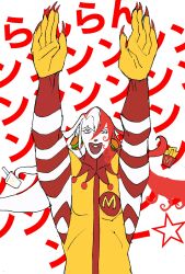  1boy ashiya_douman_(fate) asymmetrical_hair black_eyes burger_earrings clown cosplay curly_hair earrings fate/grand_order fate_(series) fingernails food french_fries hair_between_eyes highres jester jewelry jumpsuit long_hair male_focus mcdonald&#039;s multicolored_hair outstretched_arms parody riyawo_zero ronald_mcdonald ronald_mcdonald_(cosplay) sharp_fingernails solo split-color_hair striped_sleeves translation_request two-tone_hair very_long_fingernails very_long_hair white_hair yellow_jumpsuit 