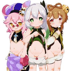  3girls ahoge akane_(akane650) bell bloated_belly bloomers bloomers_pull bow bow_panties braid brown_hair censored cleft_of_venus clothes_lift commentary_request dori_(genshin_impact) female_focus flashing frown genshin_impact green_eyes grey_hair groin hair_bell hair_between_eyes hair_ornament harem hat highres jingle_bell legs lifted_by_self loli long_hair looking_at_viewer mosaic_censoring multiple_girls loli nahida_(genshin_impact) navel orange_eyes panties panty_pull pink_bow pink_hair pointy_ears ponytail pulled_by_self pussy red_eyes side_ponytail simple_background skirt skirt_lift smile standing stomach sunglasses take_your_pick underwear white_background white_panties yaoyao_(genshin_impact)  rating:Explicit score:500 user:danbooru