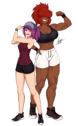  2girls abs absurdres airisubaka bandaid bandaid_on_cheek bandaid_on_face baseball_cap black_bra black_shorts bra clenched_hand commission dark-skinned_female dark_skin flexing hair_over_eyes hand_on_own_hip hat highres leah_(airisubaka) leah_(unalik) lipstick makeup mature_female md5_mismatch multiple_girls muscular muscular_female open_mouth ponytail red_hair red_lips resolution_mismatch shoes shorts signature simple_background smile sneakers source_smaller sports_bra tank_top teeth tomboy underwear upper_teeth_only white_background white_shorts wristband yellow_eyes  rating:Sensitive score:32 user:danbooru