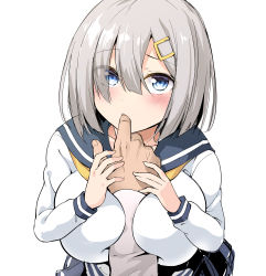 10s 1girl bad_id bad_nicoseiga_id between_breasts blue_eyes blush breasts eyes_visible_through_hair finger_in_another&#039;s_mouth finger_sucking hair_ornament hair_over_one_eye hairclip hamakaze_(kancolle) highres ishima_yuu kantai_collection large_breasts long_sleeves looking_at_viewer no_gloves pleated_skirt pov school_uniform serafuku short_hair silver_hair simple_background skirt solo_focus upper_body white_background rating:Sensitive score:29 user:danbooru