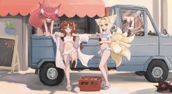 4girls absurdres animal_ear_fluff animal_ears arknights bikini black_one-piece_swimsuit blonde_hair bottle braid brown_hair casual_one-piece_swimsuit chack520 drinking drinking_straw eyewear_on_head fox_ears fox_girl fox_tail green_eyes hair_rings hairband highres holding_with_feet leaning_forward leaning_on_object leg_up legs long_hair looking_at_viewer motor_vehicle multiple_girls multiple_tails myrtle_(arknights) one-piece_swimsuit open_clothes open_shirt outdoors pickup_truck plaid plaid_bikini pointy_ears red_eyes red_hair ribbon sandals shamare_(arknights) shirt soda_bottle sunglasses sussurro_(arknights) suzuran_(arknights) swimsuit tail thighs truck twintails white_bikini white_shirt rating:Sensitive score:44 user:danbooru