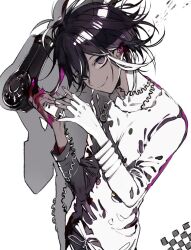  1boy arm_belt belt blood blood_on_hands buttons cable chain closed_mouth collarbone cowboy_shot danganronpa_(series) danganronpa_v3:_killing_harmony double-breasted drop_shadow fingernails hair_dryer holding holding_hair_dryer jacket long_sleeves looking_at_viewer male_focus multicolored_buttons no_scarf oma_kokichi pink_nails purple_eyes short_hair simple_background smile solo suou_(sdurorhr) white_background white_belt white_jacket white_sleeves 
