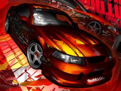  car commentary english_commentary ford ford_mustang ford_mustang_sn95 glowing highres motor_vehicle multiple_views no_humans original red_car saleen sports_car toonzoku vehicle_focus 