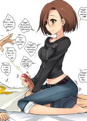  10s 1boy 1girl assertive_female barefoot bed_sheet belt blush bra_strap breasts brown_eyes brown_hair capri_pants collarbone cum denim earrings ejaculation femdom girl_on_top handjob head_out_of_frame heart hetero highres ichinose_yuu idolmaster idolmaster_cinderella_girls jeans jewelry male_underwear medium_breasts midriff mizuki_seira navel outstretched_hand pants penis producer_(idolmaster) profile sheet_grab simple_background sitting sitting_on_person smile solo_focus speech_bubble spoken_heart spoken_squiggle squiggle third-party_edit uncensored underwear  rating:Explicit score:255 user:StanislavPetrov