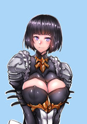 1girl absurdres arm_belt armor black_hair blue_background blunt_bangs bob_cut breasts cleavage cleavage_cutout closed_mouth clothing_cutout covered_erect_nipples dress erika_(shadowverse) gggg highres jewelry large_breasts long_sleeves looking_at_viewer pauldrons pendant purple_eyes shadowverse short_hair shoulder_armor simple_background smile solo turtleneck upper_body rating:Sensitive score:35 user:danbooru