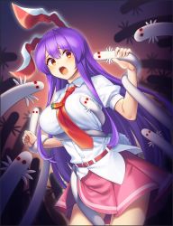  1girl :o animal_ears belt belt_buckle blush breasts buckle buttons carrot_pin collared_shirt commentary_request furrowed_brow hair_between_eyes highres kune-kune large_breasts long_hair looking_at_viewer miniskirt necktie open_mouth pink_skirt puffy_short_sleeves puffy_sleeves purple_hair rabbit_ears rabbit_tail red_belt red_eyes red_necktie reisen_udongein_inaba restrained shirt short_sleeves sidelocks skirt solo tail tarmo touhou urban_legend_in_limbo white_shirt wing_collar 
