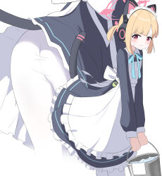  1girl absurdres animal_ear_headphones animal_ears apron ass black_dress blonde_hair blue_archive blush bucket cat_tail closed_mouth dress fake_animal_ears frilled_apron frilled_dress frills halo headphones highres holding holding_bucket long_sleeves maid maid_apron maid_headdress momoi_(blue_archive) momoi_(maid)_(blue_archive) multiple_views pantyhose pink_halo red_eyes short_hair simple_background spiral_(udon) tail white_apron white_background white_pantyhose 