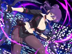 1girl belly breasts brown_pantyhose cleavage clothes_lift fingerless_gloves glasses gloves highres huge_breasts jumping kunai large_breasts legs legs_apart looking_at_viewer miniskirt mole mole_on_breast ninja pantyhose ponytail purple_hair red_eyes senran_kagura short_hair shuriken skirt skirt_lift smile solo rin_(senran_kagura) thick_thighs thighs uniform weapon rating:Explicit score:26 user:A2SQ