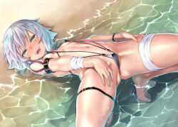  1girl ass bandaged_arm bandages beach bikini blush breasts day facial_scar fate/apocrypha fate/grand_order fate_(series) green_eyes grey_hair highres jack_the_ripper_(fate/apocrypha) looking_at_viewer navel open_mouth orochi_itto outdoors revision scar scar_across_eye scar_on_cheek scar_on_face short_hair shoulder_tattoo small_breasts smile solo spread_legs swimsuit tattoo thigh_strap water wet  rating:Questionable score:76 user:danbooru