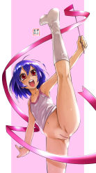 1girl absurdres blue_hair blush bottomless eudetenis flat_chest flexible gymnastics highres loli looking_at_viewer no_panties no_shoes outside_border pussy red_eyes short_hair smile socks solo split spread_legs standing standing_on_one_leg standing_split rating:Explicit score:164 user:huzzaman
