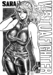  1girl belt breasts character_name commentary_request copyright_name covered_erect_nipples cowboy_shot fingerless_gloves gloves greyscale hand_in_own_hair large_breasts long_hair midriff_peek monochrome ponytail sarah_bryant shirt signature skidrow sleeveless sleeveless_shirt solo tight_clothes virtua_fighter 