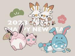  2023 :3 :d :o ^_^ azumarill black_eyes blue_eyes blush blush_stickers bright_pupils closed_eyes closed_mouth commentary_request creatures_(company) crossed_arms facepaint game_freak gen_1_pokemon gen_2_pokemon gen_8_pokemon grey_background hagoita hand_fan hands_up hane_(hanetsuki) hanetsuki happy happy_new_year highres holding holding_fan jigglypuff looking_at_another looking_at_viewer marill new_year nintendo no_humans open_mouth paddle pokemon pokemon_(creature) scorbunny simple_background smile spinning_top sumi_fms u_u v-shaped_eyebrows white_pupils wigglytuff 
