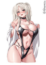  1girl alternate_costume artist_name black_choker black_one-piece_swimsuit blush breasts choker cleavage collarbone commentary_request conte_di_cavour_(kancolle) conte_di_cavour_nuovo_(kancolle) cowboy_shot cropped_legs ebifurya fang grey_hair groin hair_between_eyes hands_up highres kantai_collection large_breasts long_hair looking_at_viewer navel o-ring o-ring_swimsuit one-hour_drawing_challenge one-piece_swimsuit open_mouth parted_bangs purple_eyes sidelocks simple_background skindentation smile solo stomach swimsuit thighs twitter_username two_side_up white_background  rating:Sensitive score:11 user:danbooru