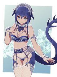  1girl au_ra warrior_of_light_(ff14) bare_shoulders blue_background blue_bra blue_eyes blue_hair blue_panties blue_ribbon blue_theme border bow bra breasts bright_pupils closed_mouth commission fictional_persona final_fantasy final_fantasy_xiv hair_ribbon hand_up highres horns lamb-oic029 lingerie looking_at_viewer maid_headdress medium_breasts monster_girl neck_ribbon outside_border panties ribbon scales skeb_commission smile solo square_enix tail tail_raised thighhighs underwear underwear_only white_border white_pupils white_thighhighs  rating:Sensitive score:61 user:danbooru