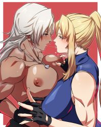  2girls abs after_kiss blush breast_press breasts brown_eyes clothed_female_nude_female dark-skinned_female dark_skin dog_tags eye_contact face-to-face fingerless_gloves gloves houjoh_(7th-heaven) kiss large_breasts lips long_hair looking_at_another multiple_girls muscular muscular_female navel nipples nude obliques saliva saliva_trail sarah_bryant sega sweat symmetrical_docking vanessa_lewis very_dark_skin virtua_fighter virtua_fighter_5 virtua_fighter_5:_final_showdown white_hair yuri 