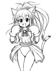  1girl animal_ears animal_hands bell breasts cat_ears cat_girl cat_paws cat_tail gloves greyscale kazuma_(ginneko-doori_sanchoume) large_breasts melody_sinclair monochrome paw_gloves ponytail ribbon smile solo tail tail_ornament tail_ribbon wide_ponytail yuukyuu_gensoukyoku 