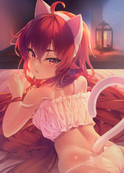 1girl absurdres ahoge animal_ear_hairband animal_ears ass back backlighting bare_shoulders bed blush bra candle candlelight cat_ear_hairband cat_ear_panties cat_ears cat_lingerie cat_tail commentary_request eris_greyrat fake_animal_ears fang frilled_bra frills hair_between_eyes hairband highres jiyasu lantern lingerie long_hair looking_at_viewer looking_back lying meme_attire mushoku_tensei on_bed on_stomach panties parted_lips paw_pose red_eyes red_hair solo strap_slip sweat tail underwear very_long_hair white_bra white_panties rating:Questionable score:217 user:danbooru