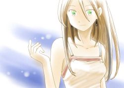  1girl breasts brown_hair female_focus gradient_background green_eyes mato original solo white_background 