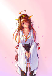  10s 1girl ahoge bare_shoulders blush boots breasts brown_hair cleavage collarbone detached_sleeves double_bun hair_ornament hairband headgear highres japanese_clothes kantai_collection kongou_(kancolle) long_hair nontraditional_miko personification pink_background red_eyes shadow skirt smile solo thigh_boots thighhighs  rating:Sensitive score:5 user:xoxice