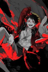  1boy 2023 abs black_hair cape collarbone commentary_request dated facial_scar hat highres jyukawa looking_at_viewer male_focus monkey_d._luffy nipples one_piece open_hand red_eyes red_hair red_shirt red_theme scar scar_on_cheek scar_on_chest scar_on_face shirt short_hair shorts smile solo straw_hat teeth toned toned_male 
