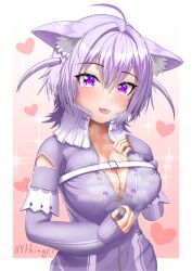  1girl ahoge animal_ear_fluff animal_ears blush border breasts cat_ears cat_girl chest_harness cleavage collar commentary commentary_request english_commentary fangs harness heart heart-shaped_pupils highres hololive hythinger jacket large_breasts looking_at_viewer nekomata_okayu nekomata_okayu_(membership) official_alternate_costume open_mouth pink_background purple_eyes purple_hair purple_jacket short_hair signature smile solo steam steaming_body sweat symbol-shaped_pupils two_side_up unzipping upper_body virtual_youtuber white_border zipper zipper_pull_tab 