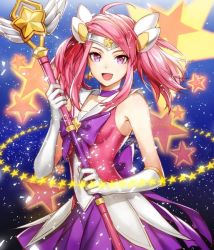  1girl alternate_costume alternate_hair_color alternate_hairstyle baton breasts elbow_gloves gloves hairband komecchi league_of_legends lux_(league_of_legends) magical_girl open_mouth pink_hair purple_eyes solo star-shaped_pupils star_(symbol) star_guardian_(league_of_legends) star_guardian_lux symbol-shaped_pupils twintails wand  rating:Sensitive score:20 user:danbooru