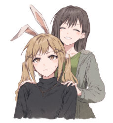 2girls :d bang_dream! black_hair black_sweater blonde_hair bullfalk closed_eyes cropped_torso cross_hair_ornament double-parted_bangs green_shirt grey_jacket grin hair_ornament hairclip hanazono_tae hands_on_another&#039;s_shoulders highres hood hooded_jacket ichigaya_arisa jacket jewelry light_frown long_hair long_sleeves looking_past_viewer multiple_girls necklace open_mouth shirt sidelocks small_sweatdrop smile sweater t-shirt turtleneck turtleneck_sweater twintails x_hair_ornament