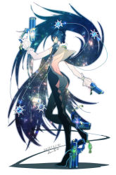  1girl artist_name ass back back_cutout bayonetta bayonetta bayonetta_(series) bayonetta_2 blue_eyes clothing_cutout earrings full_body glasses gloves gun jewelry kara_namako looking_at_viewer moon simple_background solo weapon white_background  rating:Sensitive score:19 user:violetnyx