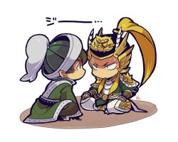  2boys armor blonde_hair brown_hair brown_pants chibi chibi_only chinese_armor chinese_clothes closed_mouth facial_hair full_body glaring goatee_stubble green_hat green_shirt hands_on_own_legs hat kotorai long_hair looking_at_another ma_chao ma_dai male_focus multiple_boys nervous_sweating no_nose pants ponytail shaded_face shin_sangoku_musou shirt short_hair sidelocks signature sitting stubble sweat translation_request 