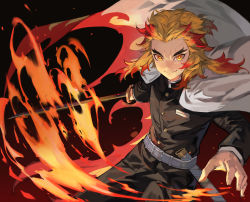  1boy :&gt; absurdres belt belt_buckle black_pants blonde_hair buckle buttons cape chyoel closed_mouth colored_tips fire furrowed_eyebrows gakuran gradient gradient_background highres holding holding_sword holding_weapon katana kimetsu_no_yaiba long_hair long_sleeves looking_at_viewer male_focus multicolored_hair pants red_hair rengoku_kyoujurou scabbard school_uniform sheath smile solo sword topknot tsurime two-tone_hair unsheathed v-shaped_eyebrows veins weapon white_cape yellow_eyes 