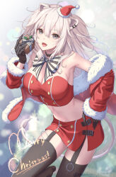  1girl animal_ears bow box breasts brown_eyes christmas cleavage collar crop_top ear_piercing fangs garter_straps gift gift_box gloves hand_on_own_hip hat holding holding_gift hololive large_breasts lion_ears lion_girl lion_tail long_hair looking_at_viewer merry_christmas mini_hat miniskirt open_mouth piercing santa_costume santa_hat shishiro_botan side_slit skirt solo strapless tail thighhighs tube_top two_side_up virtual_youtuber white_hair yoruno_mahiru 