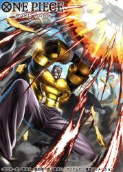  1boy armor bandaged_head bandages clenched_teeth commentary_request don_krieg fire from_below holding holding_shield looking_ahead male_focus mast nagare_seiya official_art one_piece one_piece_card_game pants purple_pants shield sky smoke solo teeth veil 