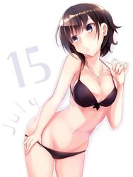  1girl bad_id bad_twitter_id bare_shoulders bikini bikini_top_lift black_bikini blush breasts brown_eyes brown_hair cleavage clothes_lift collarbone female_focus haruka_natsuki jewelry july large_breasts looking_to_the_side necklace original short_hair simple_background solo swimsuit white_background  rating:Sensitive score:20 user:mshig11
