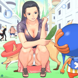  2girls 4boys animal antlers areola_slip backpack bag black_hair blonde_hair blue_shirt breasts bubble building chocolat_(one_piece) city cleavage collarbone cucumber demalo_black drip_(one_piece) facial_hair fat fat_man fox gabu green_hair hair_slicked_back hat holding horns large_breasts long_hair looking_at_another manjaro multiple_boys multiple_girls mustache nico_robin no_bra no_eyewear nora_gitsune one_piece open_clothes open_shirt open_shoes open_vest orange_hair outdoors panties pantyshot parody pink_hat pink_skirt revealing_clothes sandals scar see-through shiny_clothes shirt shoes short_hair short_sleeves shorts sitting skirt smile solo_focus squatting straw_hat tail toes tony_tony_chopper underwear unzipped upskirt vest white_panties zipper  rating:Questionable score:133 user:danbooru