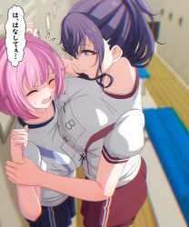 2girls against_wall arimon_(dfrgty12) arm_up asahina_mafuyu asymmetrical_docking bench blue_shorts blunt_bangs blurry blurry_background blush breast_press breasts chromatic_aberration closed_eyes closed_mouth commentary_request flying_sweatdrops from_side gym_shorts gym_uniform hair_between_eyes hair_over_shoulder hands_up hashire!_taiikumatsuri!_~jikkou_iin_wa_ooisogashi~_(project_sekai) height_difference highres holding_another&#039;s_wrist indoors large_breasts locker locker_room long_hair looking_at_another looking_down multiple_girls name_tag ootori_emu open_mouth pink_hair pinned ponytail profile project_sekai purple_eyes purple_hair red_shorts shirt short_hair short_sleeves shorts speech_bubble standing sweatdrop translated white_shirt yuri rating:Sensitive score:57 user:danbooru