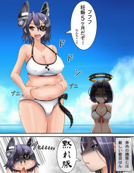 10s 2girls :d ^_^ belly belly_grab bikini black_hair breasts bullying closed_eyes covered_erect_nipples eyepatch closed_eyes false_smile fang fat gloom_(expression) halo headgear highres hooves kantai_collection large_breasts mechanical_halo mole mole_under_eye multiple_girls navel o_o open_mouth pig pig_girl plump purple_hair shaded_face short_hair smile snout swimsuit tatsuta_(kancolle) tears tenryuu_(kancolle) thick_thighs thighs tk_(butakuma) translation_request turn_pale yellow_eyes rating:Sensitive score:23 user:danbooru