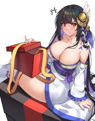  1girl absurdres black_hair blush box breasts cleavage collarbone colored_inner_hair detached_sleeves flower_knot gift gift_box hair_ornament highres huge_breasts japanese_clothes kimono long_hair long_sleeves looking_at_viewer mochizuki_chiyome multicolored_hair nail_polish obi panties panty_peek pout red_eyes ribbon sash sengoku_taisen sitting solo thighhighs thighs underwear vierzeck white_background 