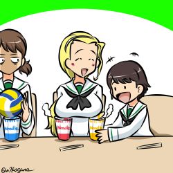 3girls :d ball black_neckerchief blonde_hair blouse breast_conscious breast_envy brown_eyes brown_hair chopsticks facing_another girls_und_panzer hair_pulled_back hairband holding holding_ball isobe_noriko kawanishi_shinobu kogane_(staygold) long_hair long_sleeves looking_at_breasts lowres multiple_girls neckerchief nissin_cup_noodle official_alternate_costume one-hour_drawing_challenge ooarai_school_uniform open_mouth ponytail sailor_collar sasaki_akebi school_uniform serafuku shaded_face shirt short_hair short_ponytail sitting smile swept_bangs twitter_username upper_body volleyball volleyball_(object) white_hairband white_sailor_collar white_shirt