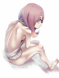  1girl ass bottomless ebi_typer emaciated highres little_witch_academia looking_back meme_attire pink_hair red_eyes shoulder_blades sitting solo spine sucy_manbavaran virgin_killer_sweater 